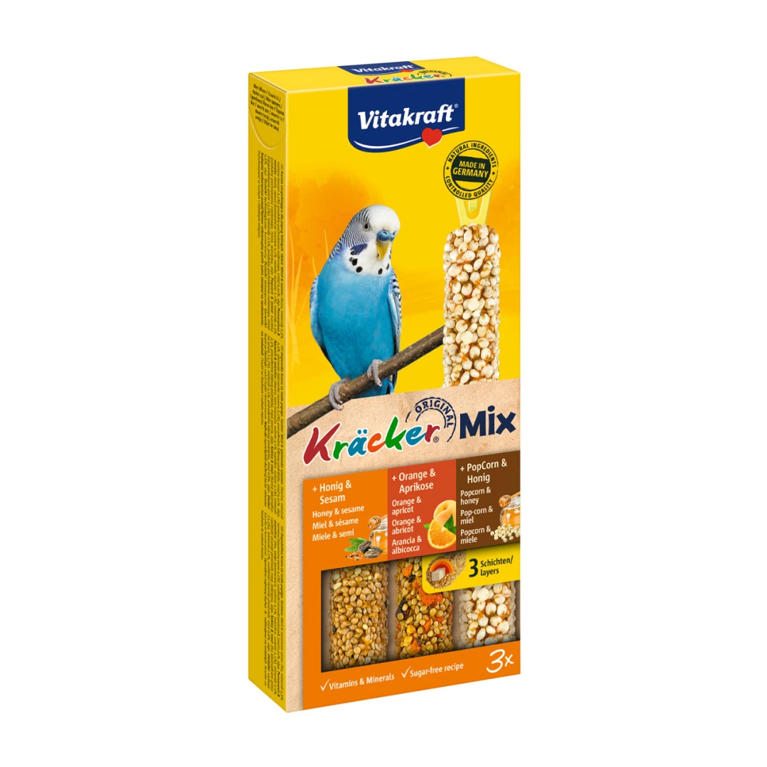 Vitakraft Kräcker Trio-Mix Parkiet - Honing/ Sinaasappel/popcorn 3st 1 Vitakraft Kräcker Trio-Mix Parkiet - Honing/ Sinaasappel/popcorn 3st